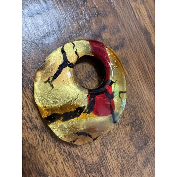 Blown Glass Circle Pendant Necklace Red Yellow ~2” - Picture 3 of 6